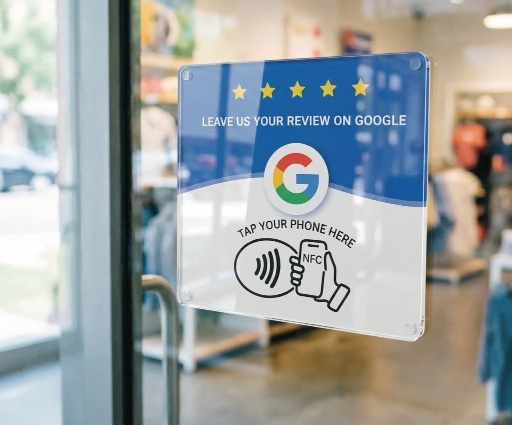 NFC review plate on a shop window